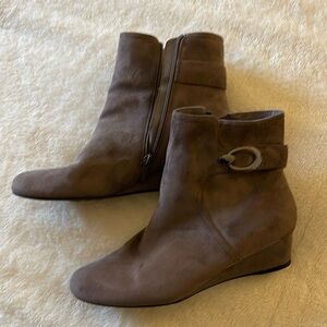 Faux suede wedge bootie.